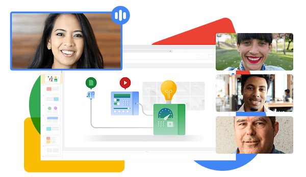 显示了几个人正在通过 Google Meet 通话协作处理 Google 幻灯片演示文稿的插图。