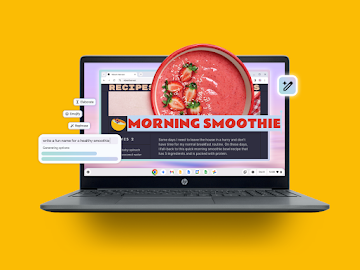 A browser window opened in a Chromebook with a recipes blog page, using the Help me write feature asking to write a fun name for a healthy smoothie