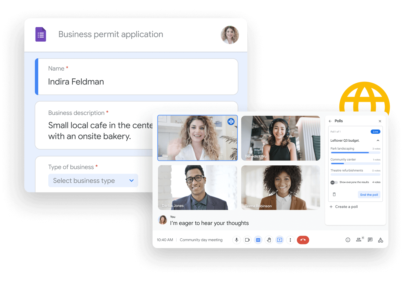 Workspace illustrative graphic – team mates share and edit Google Sheets seamlessly with Google Chat