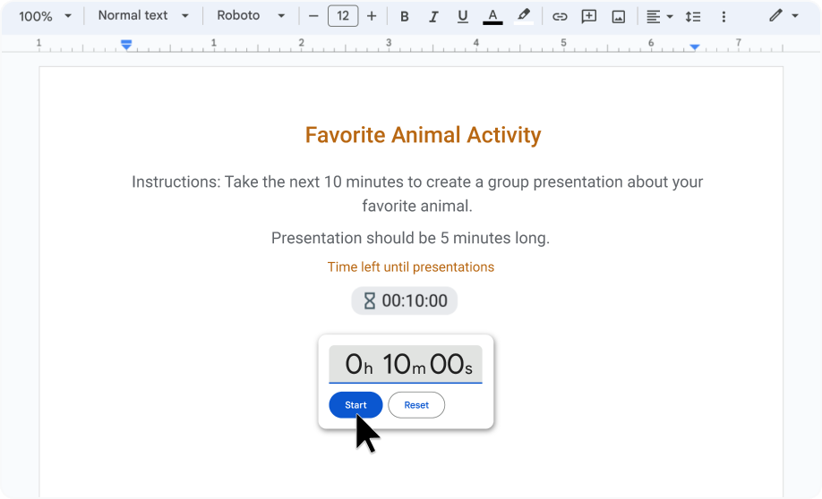 A Google Doc presenting an in-class activity