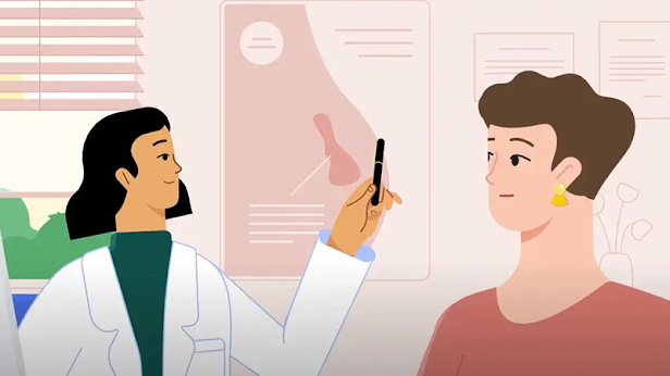 An illustration of a doctor and patient in a medical setting; the doctor is pointing at the patient’s mammography X-ray results.