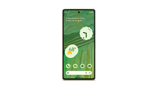 A Google Pixel 7 Pro phone with a customizable home screen.
