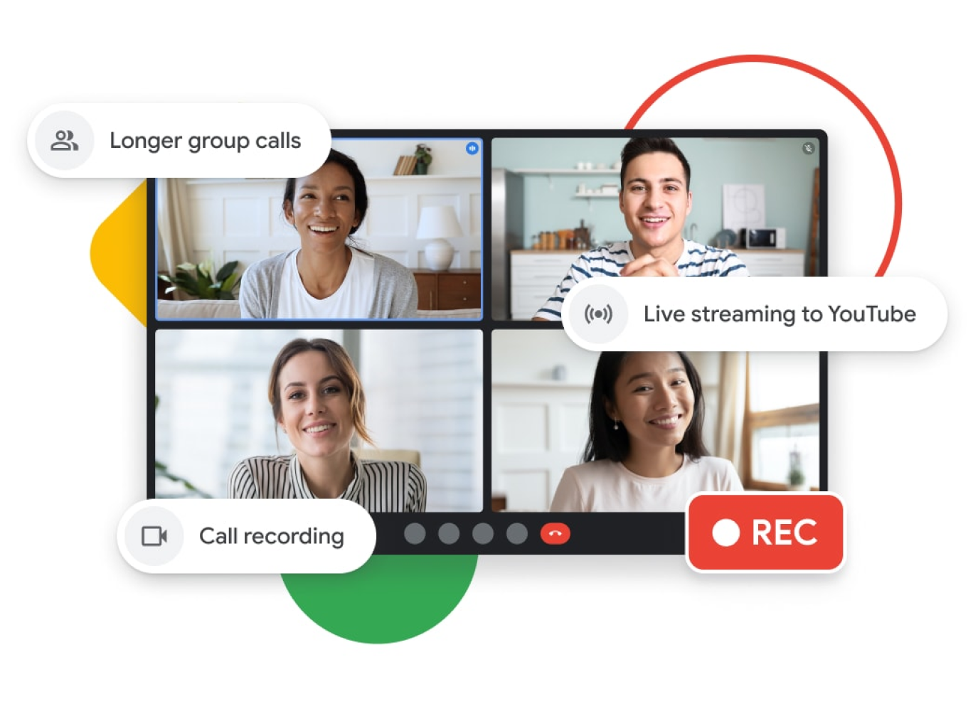 Hình minh hoạ một cuộc gọi qua Google Meet, trong đó có các tính năng như gọi nhóm lâu hơn, phát trực tiếp lên YouTube và ghi lại cuộc gọi.