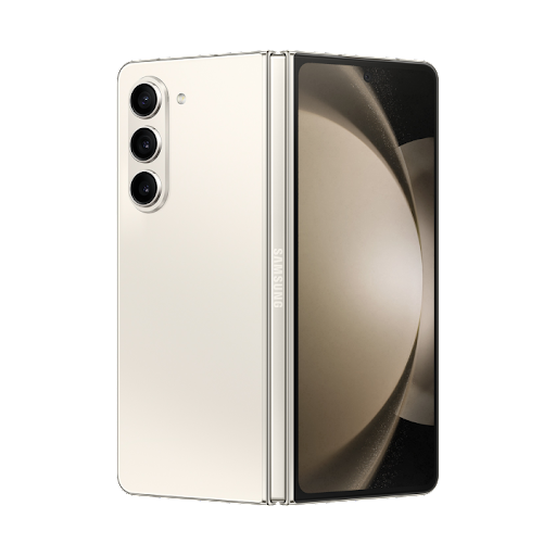 Ein Samsung Galaxy Z Fold5 auf einem zusammengefalteten Galaxy Z Fold5 mit einem Eingabestift. Auf dem Display steht „Unfold your world“.