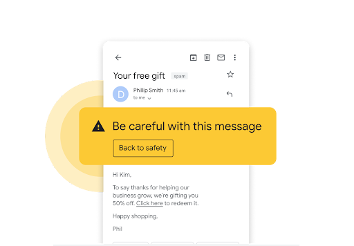 Sarı güvenlik mesajı bulunan bir e-posta