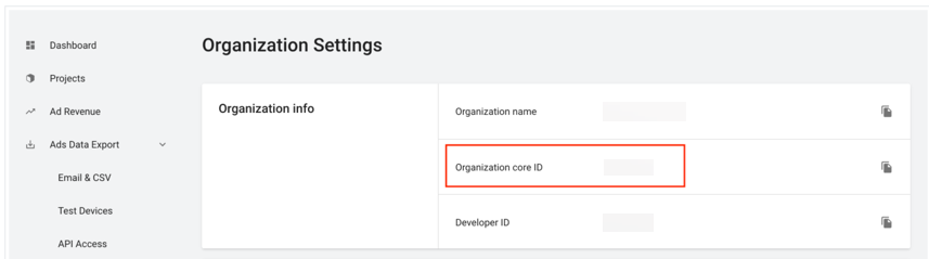 Example of the organization core ID in the organization settings screen on Unity Ads.