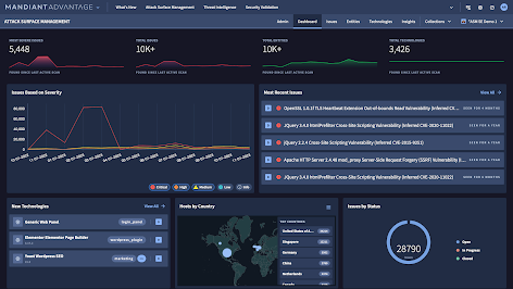 Mandiant Attack Surface Management dashboard which shows high-level reporting and summary information from the latest asset discovery scan.