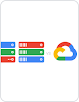 在明亮顏色的伺服器旁有文字「versus」和 Google Cloud 標誌的動畫圖片