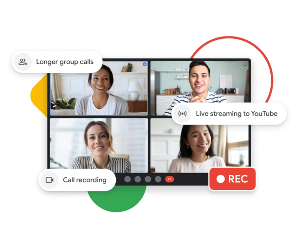 Hình minh hoạ một cuộc gọi qua Google Meet, trong đó có các tính năng như gọi nhóm lâu hơn, phát trực tiếp lên YouTube và ghi lại cuộc gọi.