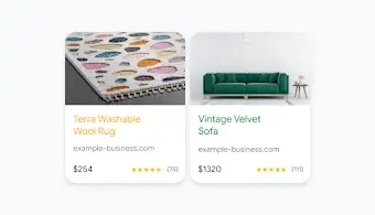 Two Shopping ad examples side by side, one for a rug, one for a sofa