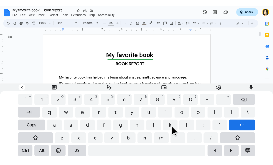 Un teclado en pantalla aparece en la parte inferior de la pantalla mientras un usuario edita un Documento de Google.