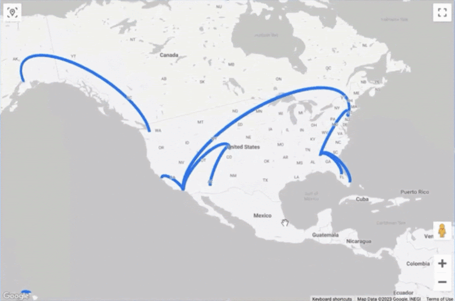 Connection map depicting flights between U.S. cities being rotated and tilted.