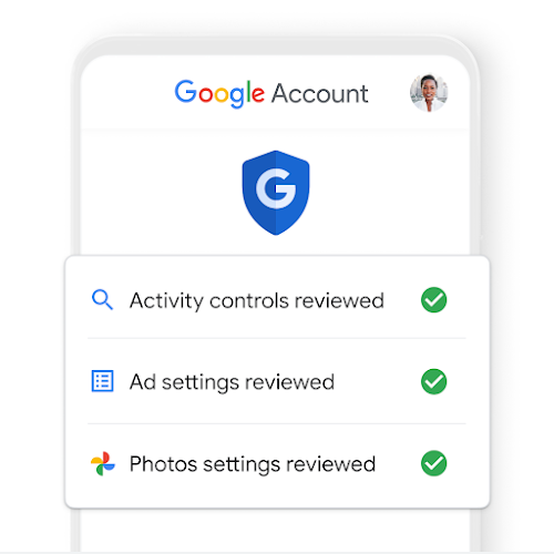 Google Account mobile menu showing all settings reviewed.