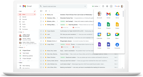 Gmail UI with other Google Workspace apps in settings dropdown 