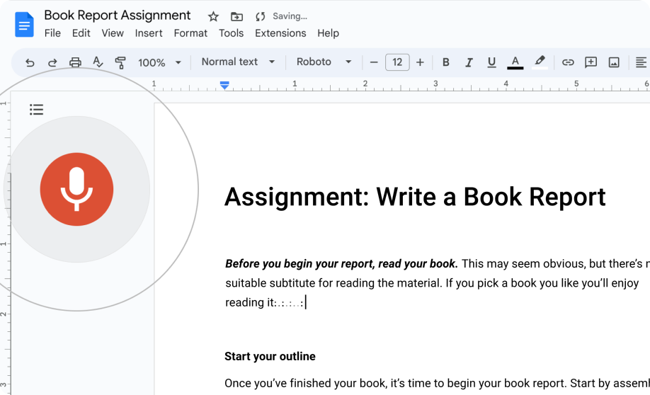 A user is editing a Google Doc book report using the dictation feature to add text.