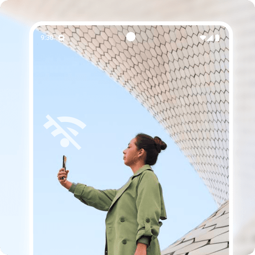 A broken Wi-Fi graphic appears next to a person looking at their phone while holding it outstretched in front of them.