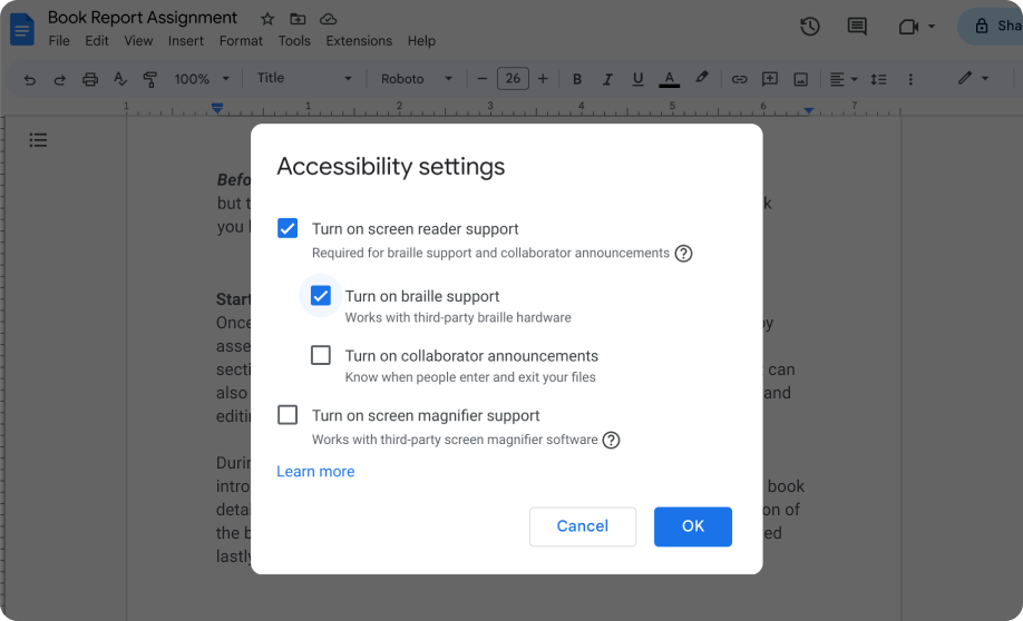 The Google Docs accessibility settings show that a user turned on support for screen readers and braille readers.