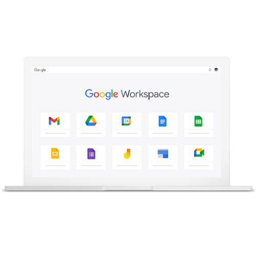 Una laptop con diferentes productos de Google que son parte de Google Workspace