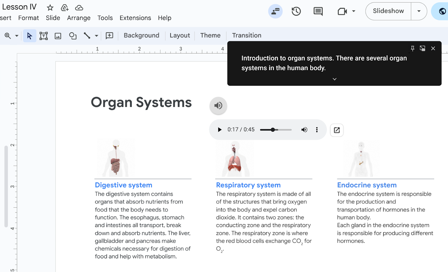 Teks otomatis ditampilkan di kanan atas layar selama presentasi Google Slide.