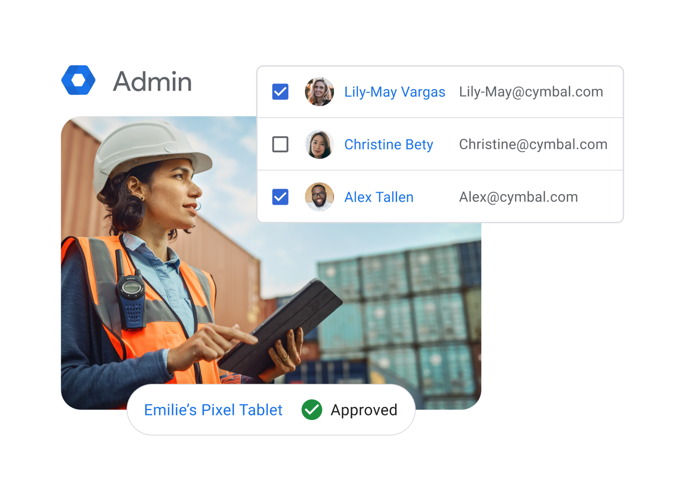 A woman on a tablet in a shipping yard, superimposed with Admin UI elements suggesting she is managing employee email access across devices.
