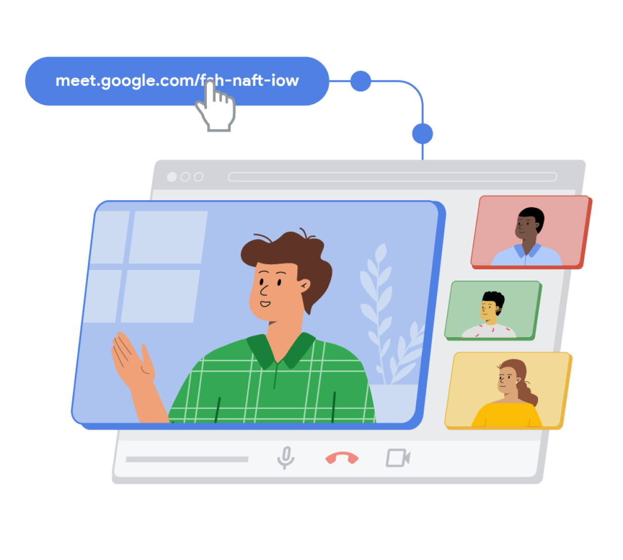 En Google Meet-samtalslänk i en blå tablettformad figur som är ansluten till ett tredimensionellt webbläsarfönster täckt av blå, röda, gröna och gula rektanglar. I rektanglarna finns tecknade personer som visar att ett Google Meet-samtal pågår.