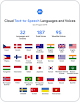 世界のおよそ 25 の国旗が並んだ上に配置された Cloud Text-to-Speech 言語と音声のキャプション