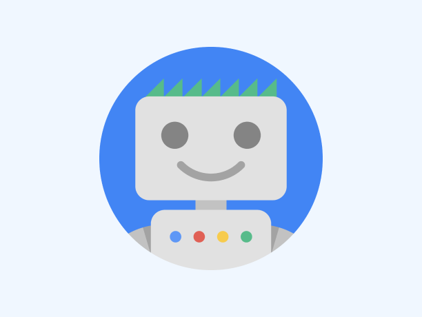 A smiling robot displaying the Google colors