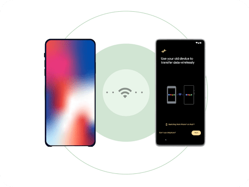 An iPhone and brand-new Android phone sit side by side with a Wi-Fi symbol between them. Two dots animate between the Wi-Fi symbol and phones to signify wireless data transfer