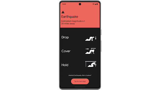 20 मील दूर भूकंप का झटका आने पर, Android फ़ोन इस्तेमाल करने वाले व्यक्ति को उसकी चेतावनी की सूचना दी जा रही है.