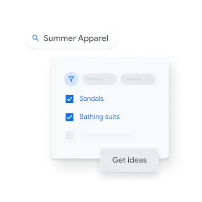 Keyword Planner UI shows “sandals” and “bathing suits” selected to appear in searches for “summer apparel.”