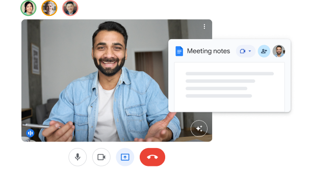 Google Meet UI，顯示多個使用者正在開會，並開啟標題為「會議記錄」的 Google 文件。