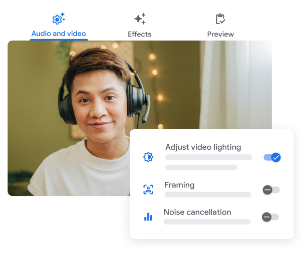 IU do Google Meet que mostra funcionalidades de luminosidade, enquadramento e cancelamento de ruído em vídeos.