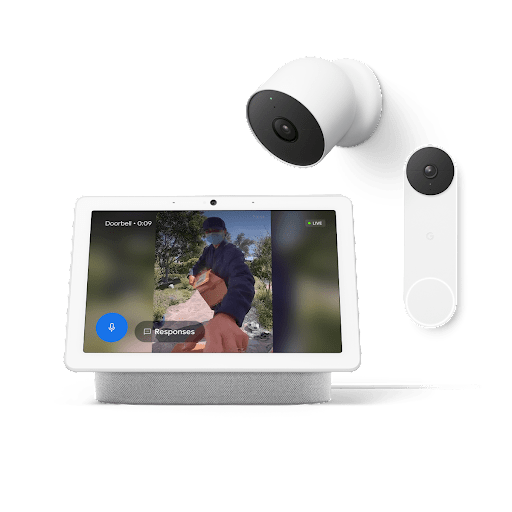 Nest Hub with footage from outside, along with a Nest Cam and Nest Doorbell.