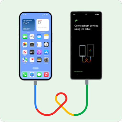 An iPhone and brand-new Android phone sit side by side, connected by a Lightning USB cord. Data is transferring easily from the iPhone to the new Android phone.