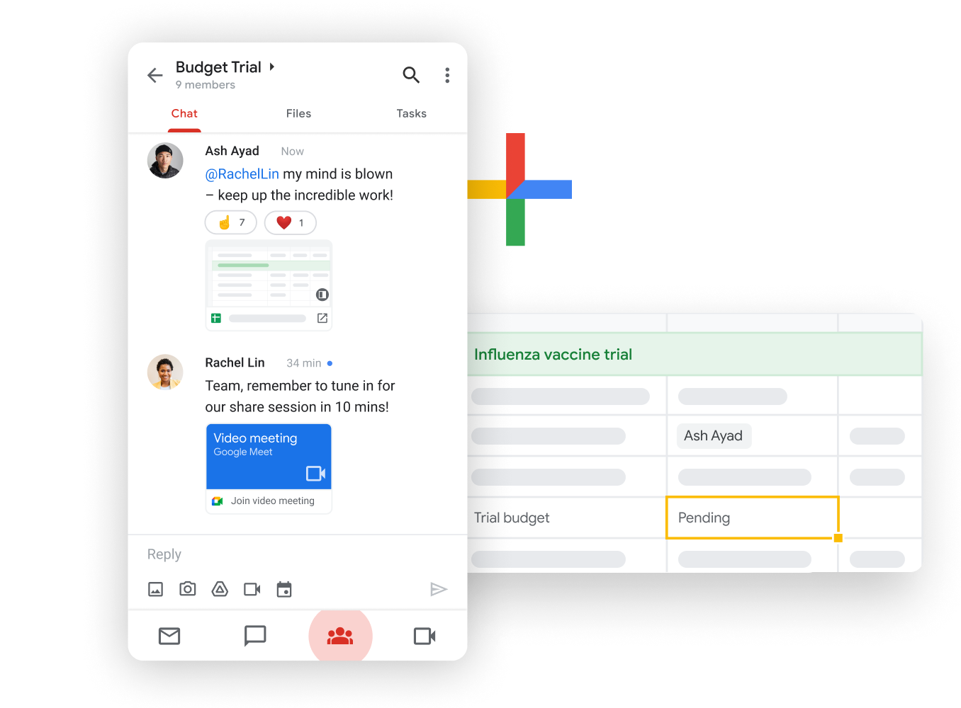 Workspace illustrative graphic – team mates share and edit Google Sheets seamlessly with Google Chat