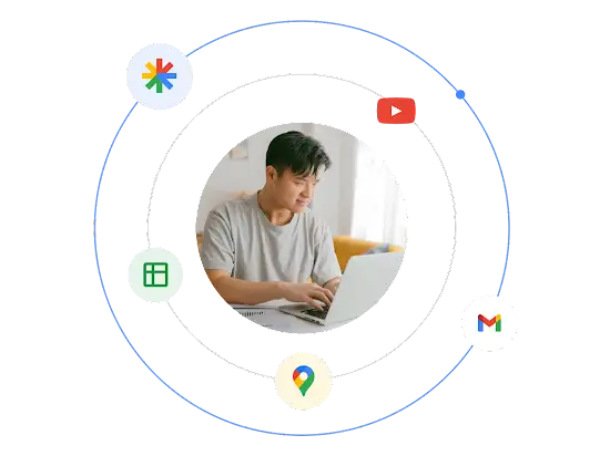 Un hombre utilizando una laptop rodeado de un ecosistema ilustrado de los distintos tipos de formatos de anuncios de Google.