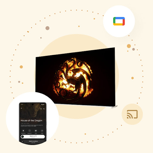 Büyük bir Android TV ekranında House of the Dragon logosu görünüyor. Ekranın etrafında dönen baloncuklu halkada Android telefon görünüyor. "TV'de izle" düğmesinin vurgulandığı telefonda, Android TV ile ilgili kontrol bilgileri bulunuyor.