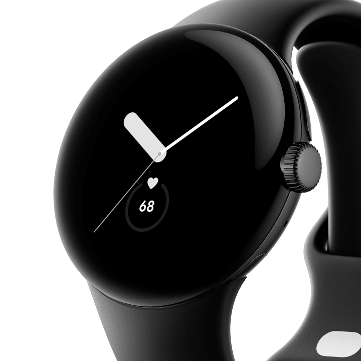 Close-up of Google Pixel Watch screen with Matte Black case / Obsidian Active band