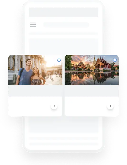 Ilustración de un teléfono en el que se muestra una consulta de viajes por el sudeste asiático en la Búsqueda de Google que hace que se muestren anuncios de display relacionados.