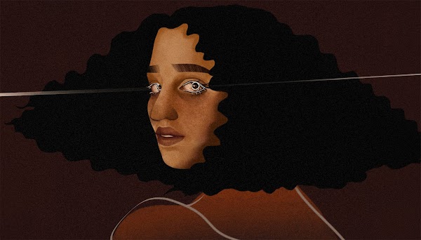 An illustration of a person with wavy black hair and brown skin in front of a dark brown background.
