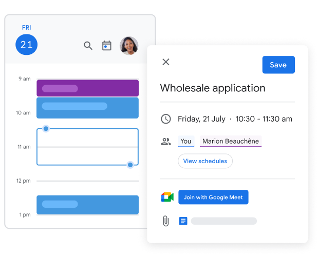 Google 日历界面快照，显示了用户设置会议、邀请用户并生成 Google Meet 链接等操作。