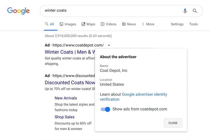 Image of "Why this ad" UI showing identity information