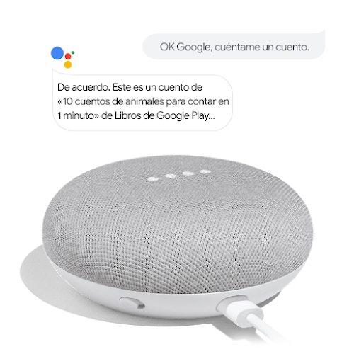 Un dispositivo Google Home con globos de diálogo. Una persona dice: "Hey Google, cuéntame una historia". Asistente de Google responde: "Por supuesto. Aquí tienes 'El zorro y el cuervo', de Storynory, en Google Play Libros".