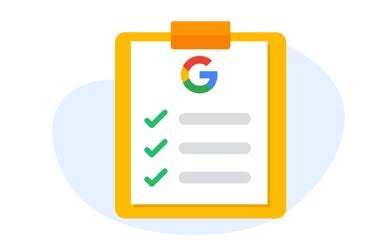 Google circle G logo inside an illustrated yellow ribbon.