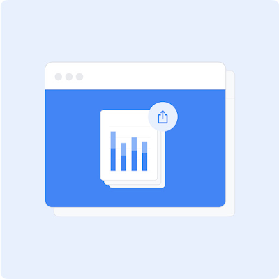 Illustration of a web page shows a bar graph and share icon to represent how Google shares policy action data.