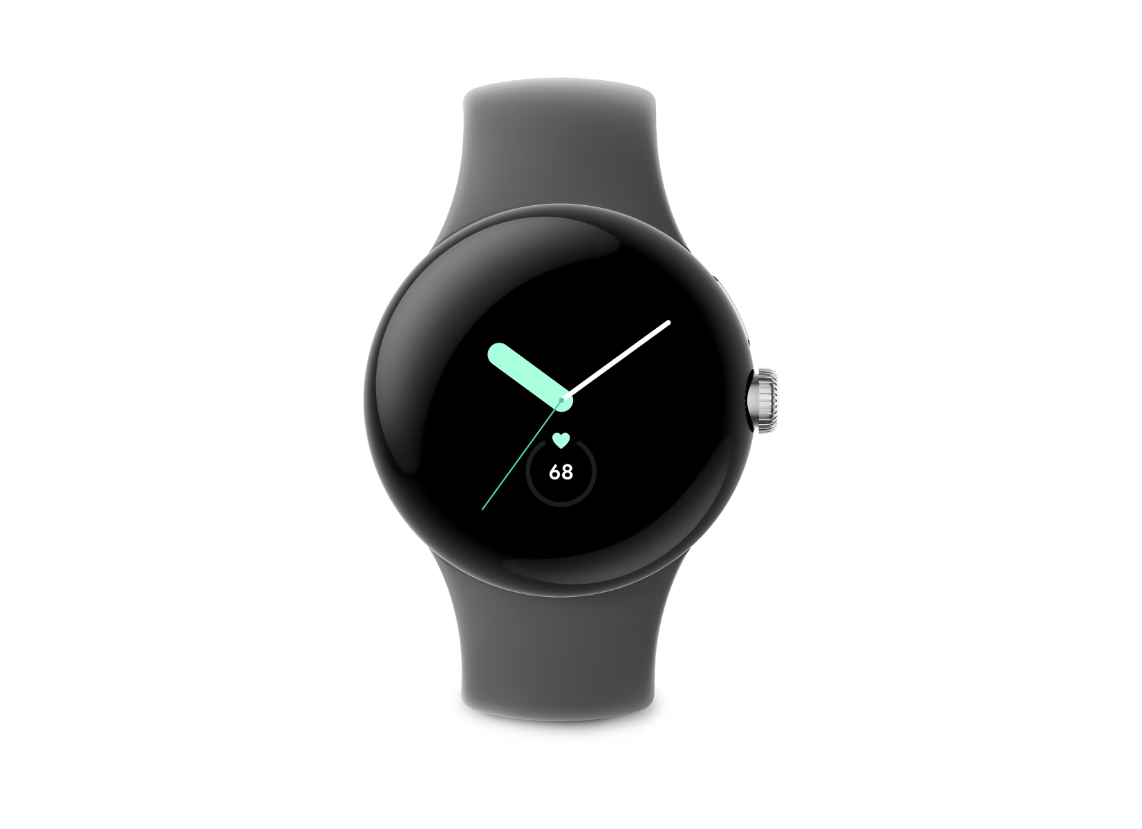 Front of Google Pixel Watch with Polished Silver case / Charcoal Active band
