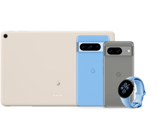 A front view of the Pixel Tablet, Pixel 8 phone, Pixel 8 Pro phone, and the Google Pixel Watch 2