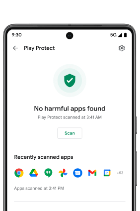 An Android phone screen with Google Play Protect open. A green shield with a checkmark icon is illuminated with the message "No harmful apps found" alerting the user that their phone is secure.