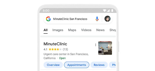 La interfaz de usuario de la Búsqueda de Google resalta la opción de filtro de concertación de citas en una página de resultados de búsqueda de un proveedor médico