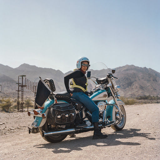 Portrait of woman motorcyclist.